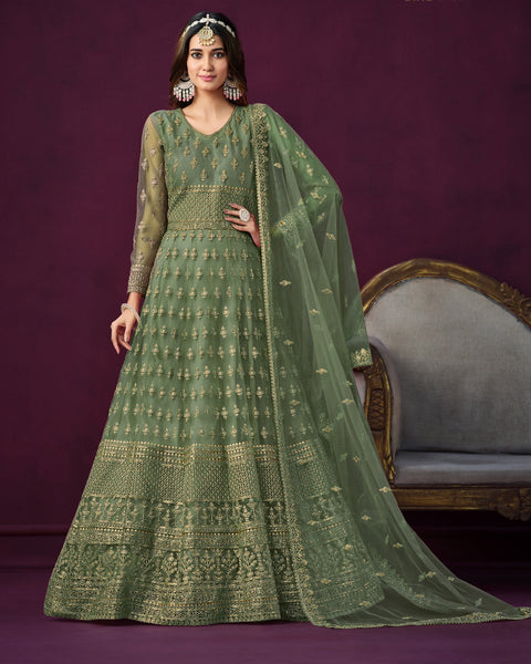 Green Net Sequins & Thread Work Anarkali Suit With Net Embroidered Dupatta