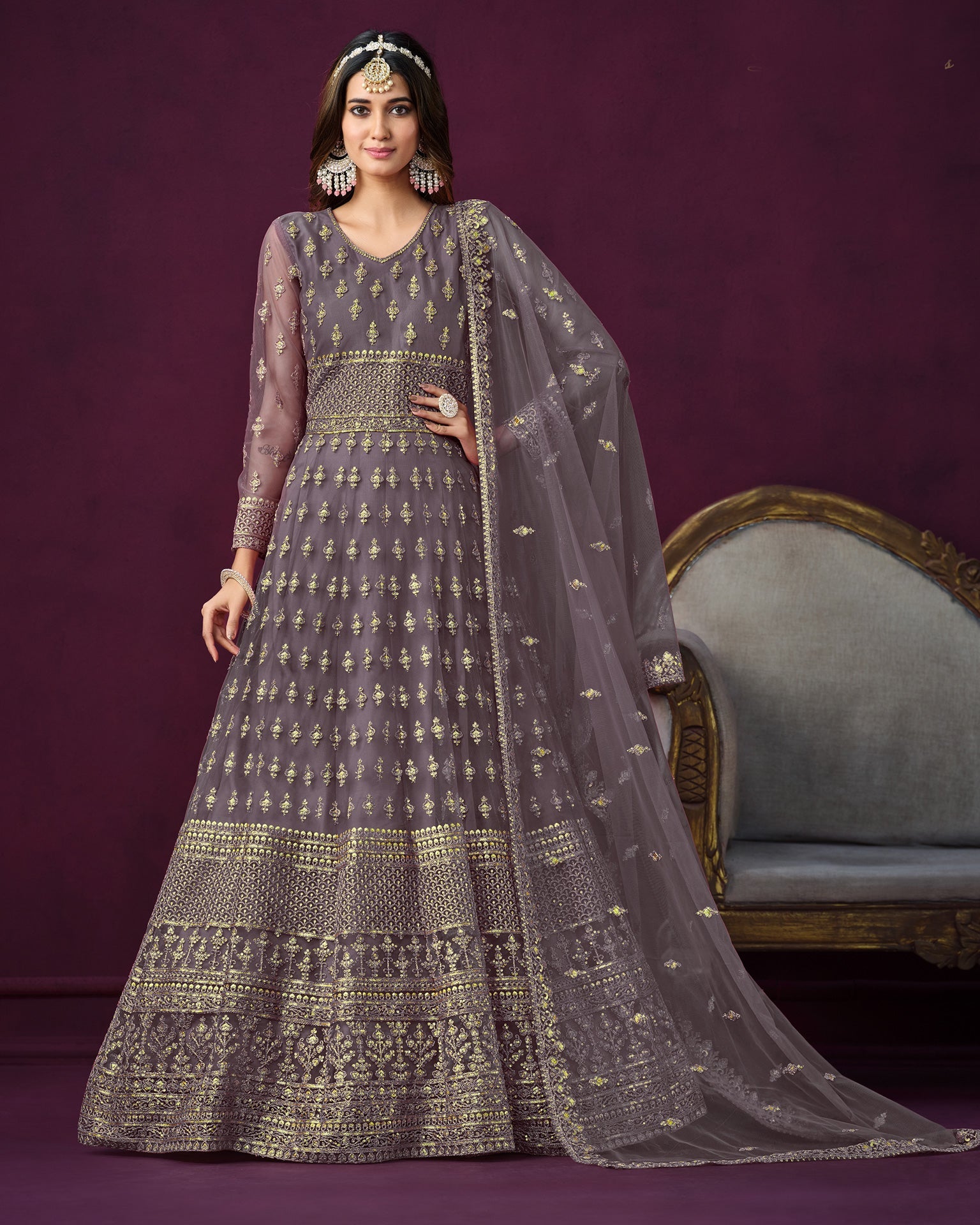 Light Purple Net Sequins & Thread Work Anarkali Suit With Net Embroidered Dupatta