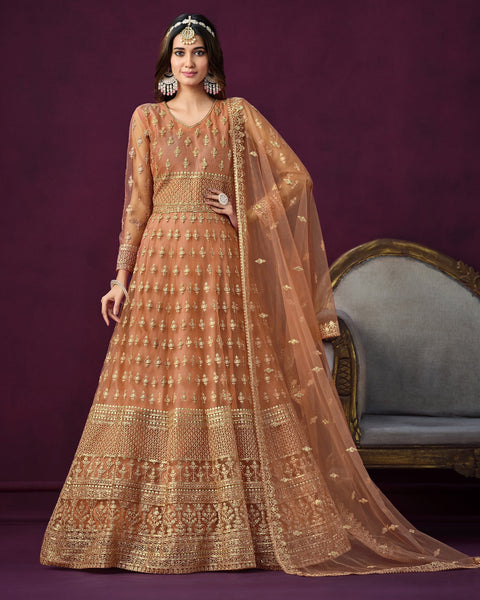 Orange Net Sequins & Thread Work Anarkali Suit With Net Embroidered Dupatta