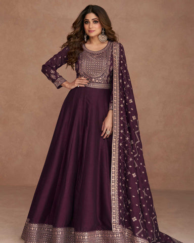 Dark Purple Sequins Work Frock Suit With Embroidered Dupatta In Silk