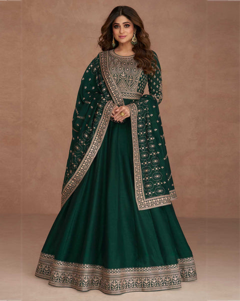 Green Sequins Work Frock Suit With Embroidered Dupatta In Silk