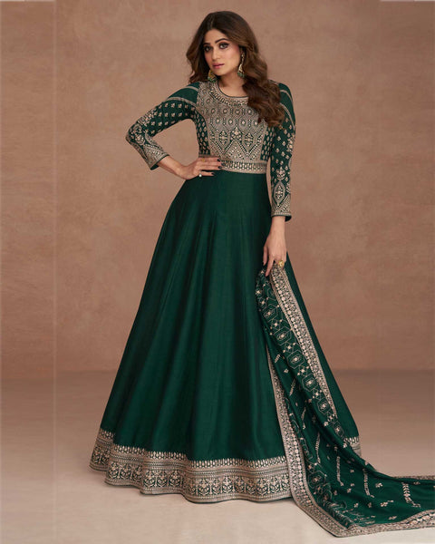 Green Sequins Work Frock Suit With Embroidered Dupatta In Silk