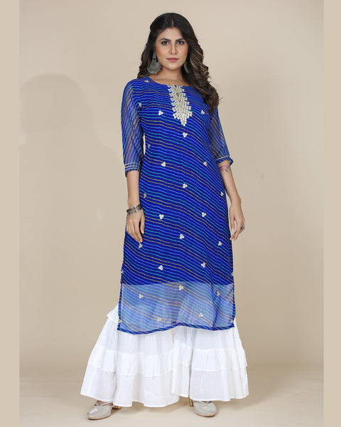 Blue Jaipuri Print Embroidered Georgette Kurta Sharara Set