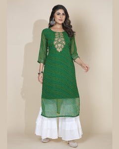 Green Jaipuri Print Embroidered Georgette Kurta Sharara Set