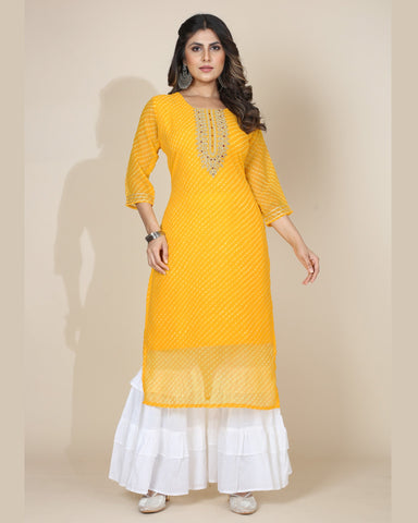 Yellow Jaipuri Print Embroidered Georgette Kurta Sharara Set