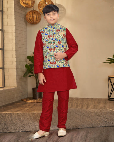 Red Kids Kurta in Silk Fabric With Jacket