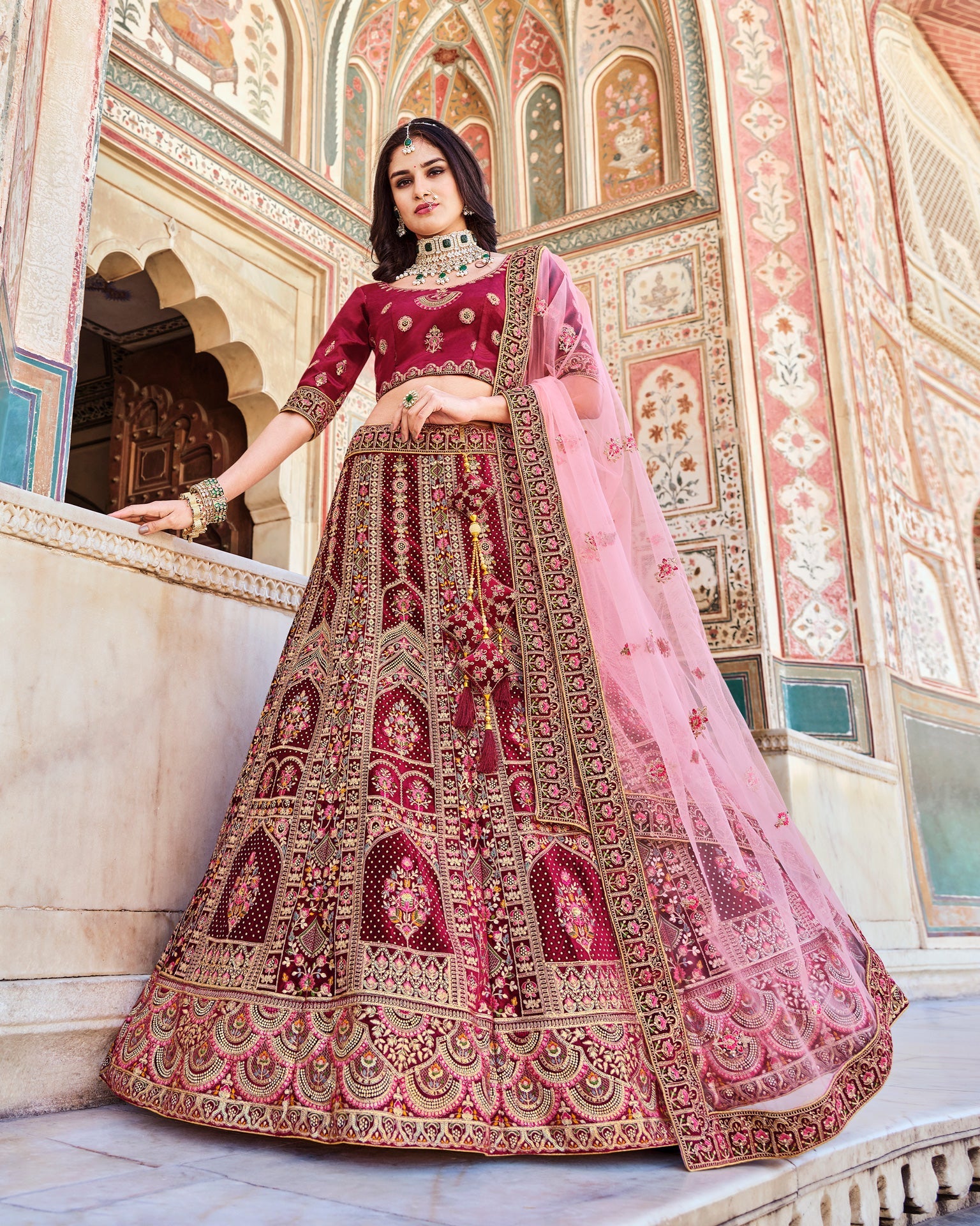 Buy Dark Maroon Thread Embroidery Velvet Silk Bridal Lehenga Choli From  Zeel Clothing