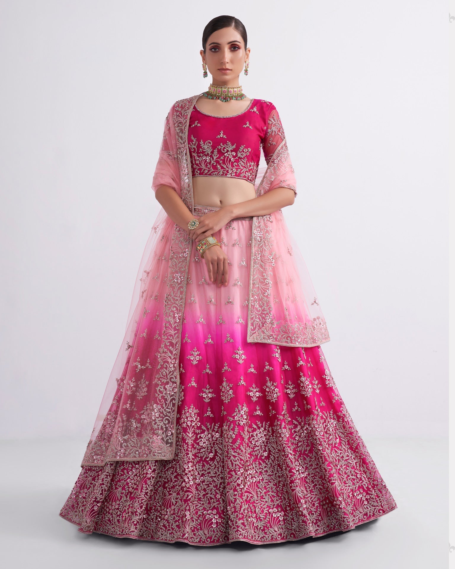 Shaded Pink Heavy Embroidered Bridal Lehenga Choli With Dupatta