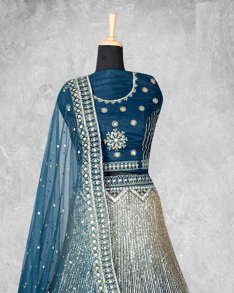 Teal Blue Sequins Work Velvet Fabric Bridal Lehenga Choli With Blue Net Embroidered Dupatta