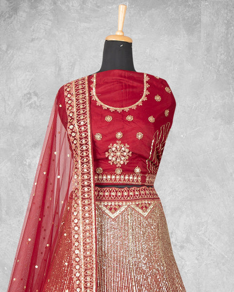 Red Sequins Work Velvet Fabric Bridal Lehenga Choli With Red Net Embroidered Dupatta