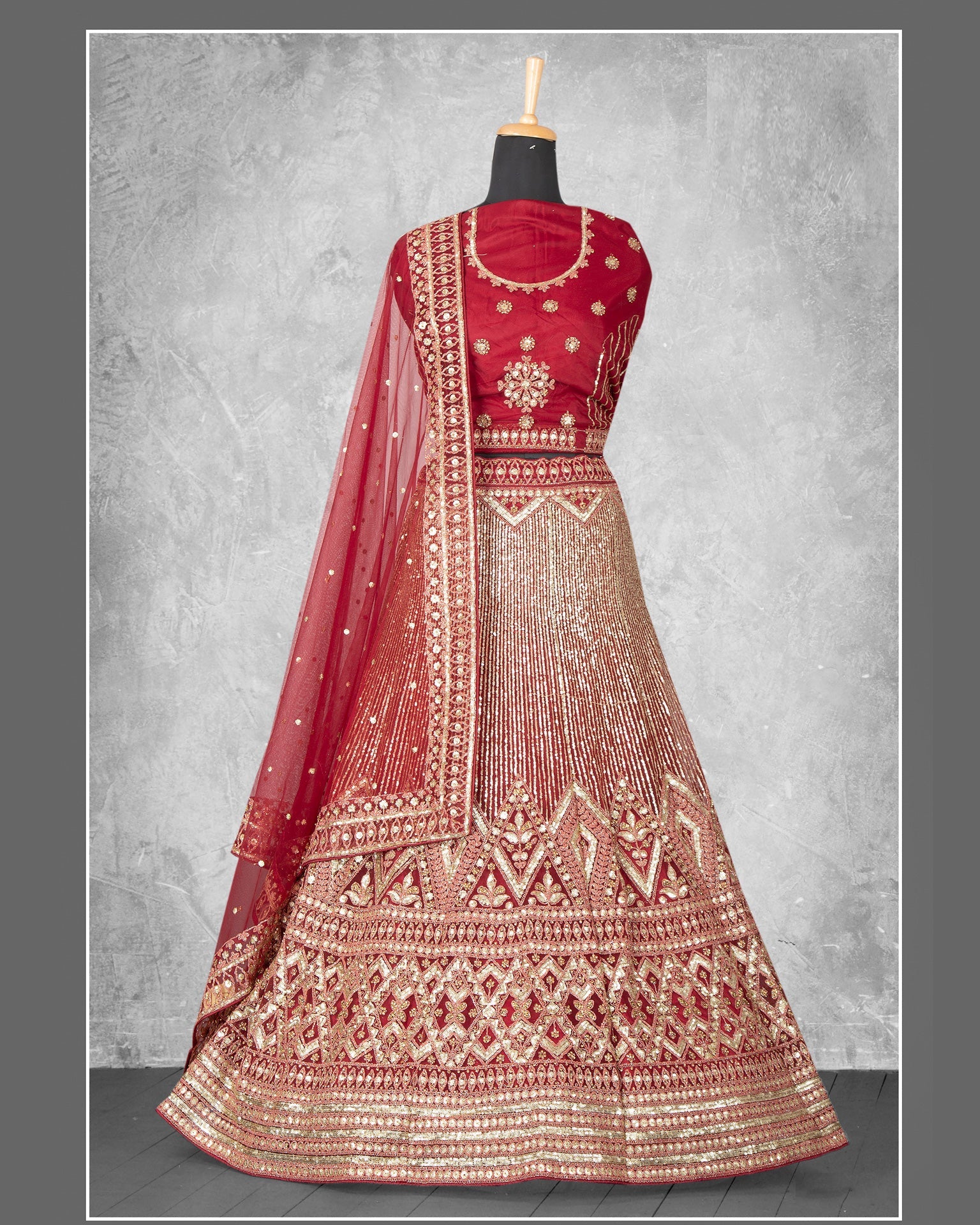 Red Sequins Work Velvet Fabric Bridal Lehenga Choli With Red Net Embroidered Dupatta