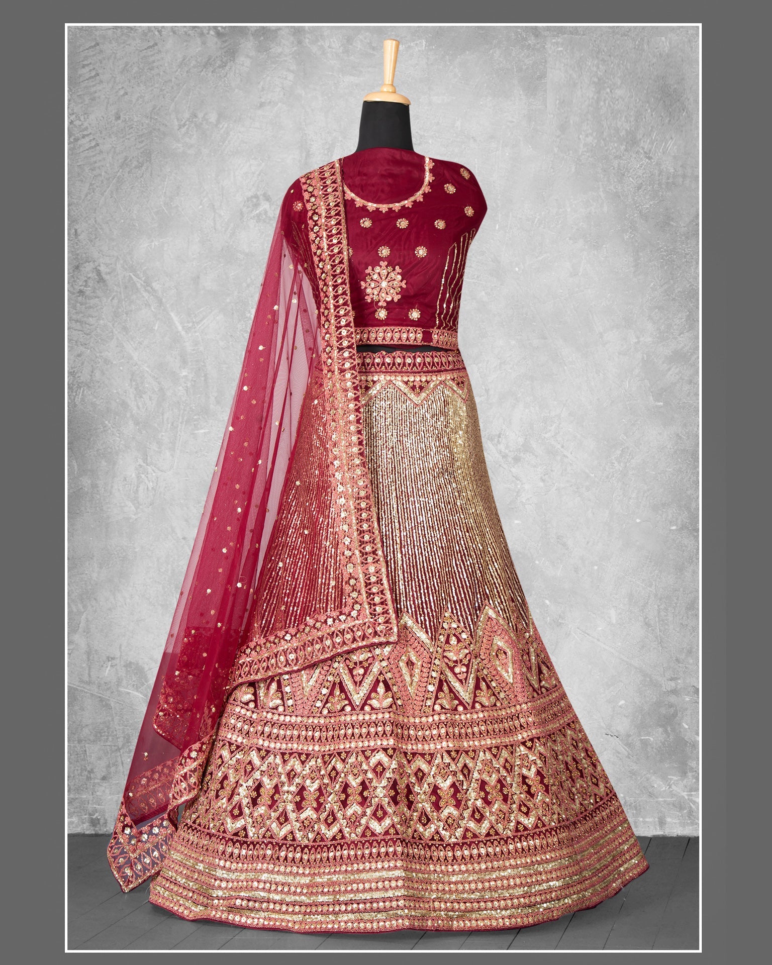 Maroon Sequins Work Velvet Fabric Bridal Lehenga Choli With Maroon Net Embroidered Dupatta