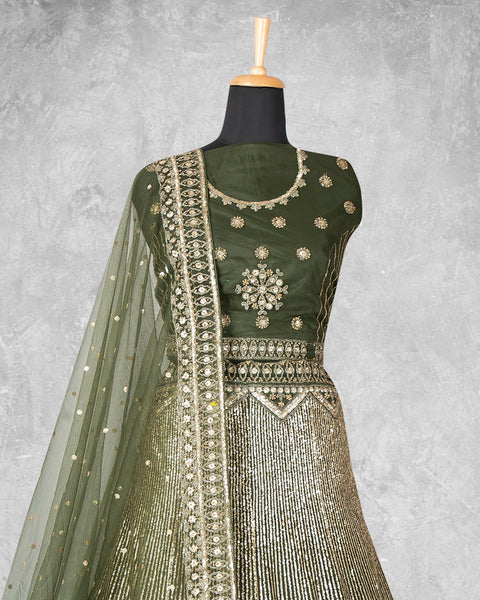 Green Sequins Work Velvet Fabric Bridal Lehenga Choli With Green Net Embroidered Dupatta