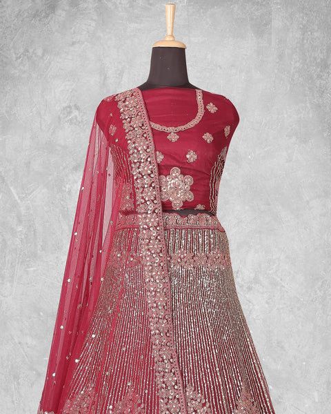 Maroon Sequins Work Velvet Fabric Bridal Lehenga Choli With Maroon Net Embroidered Dupatta