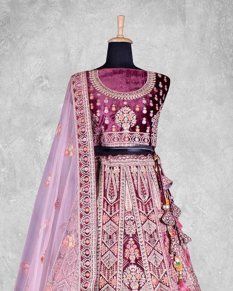 Wine Sequins Work Velvet Fabric Bridal Lehenga Choli With Pink Net Embroidered Dupatta