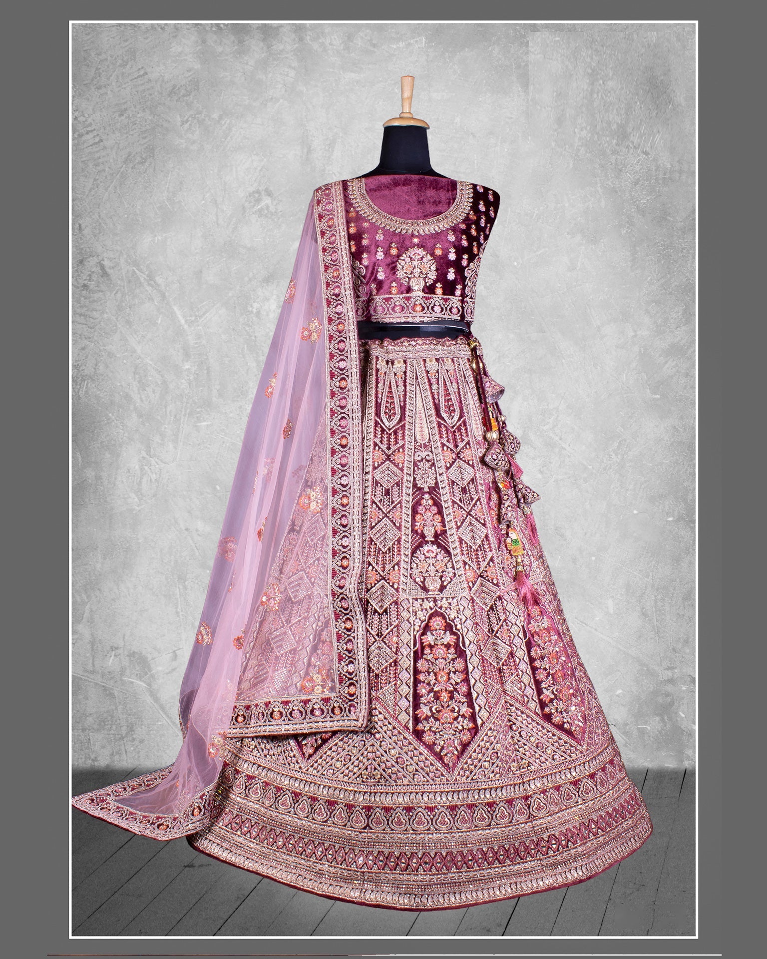 Wine Sequins Work Velvet Fabric Bridal Lehenga Choli With Pink Net Embroidered Dupatta