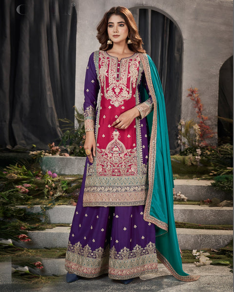 Red & Purple Mirror Work Chinnon Wedding Palazzo Suit With Embroidered Blue Dupatta
