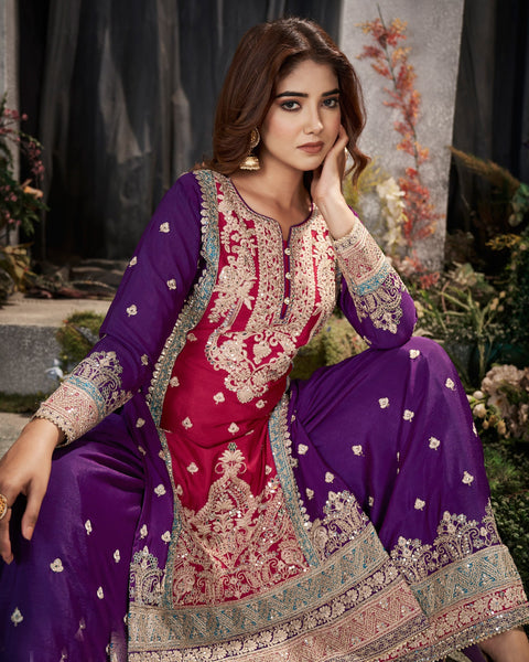 Red & Purple Mirror Work Chinnon Wedding Palazzo Suit With Embroidered Blue Dupatta