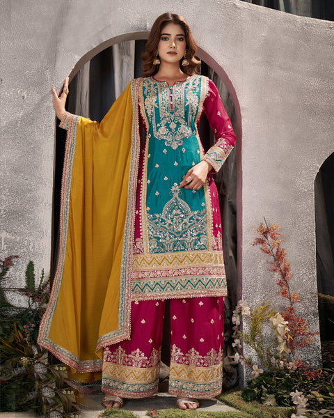 Pink & Blue Mirror Work Chinnon Wedding Palazzo Suit With Embroidered Yellow Dupatta
