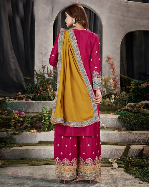 Pink & Blue Mirror Work Chinnon Wedding Palazzo Suit With Embroidered Yellow Dupatta