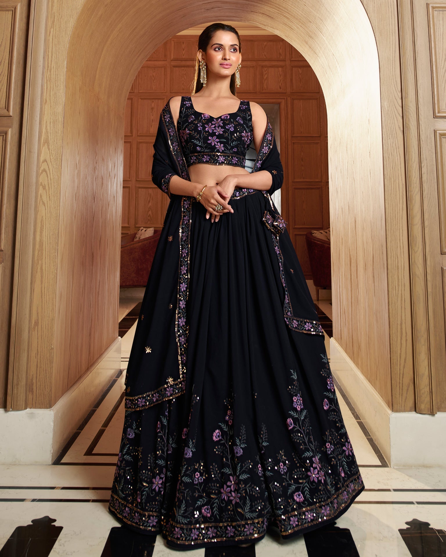 Navy Blue Georgette Lehenga Choli With Embroidered Blouse & Georgette Dupatta