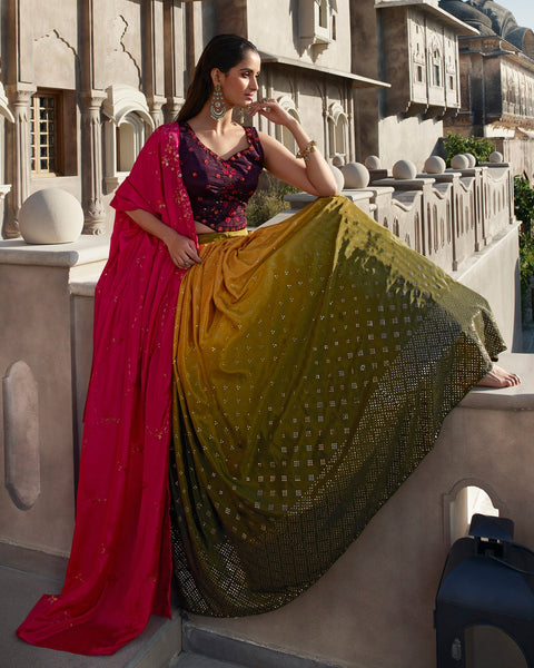 Olive Green Mustard Georgette Lehenga Choli With Embroidered Blouse & Pink Dupatta