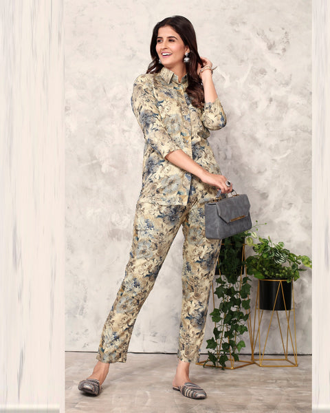 Beige & Grey Rayon Co-Ord Suit In Floral Print