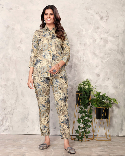 Beige & Grey Rayon Co-Ord Suit In Floral Print