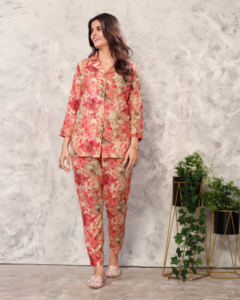 Beige & Red Rayon Co-Ord Suit In Floral Print