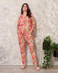 Beige & Red Rayon Co-Ord Suit In Floral Print