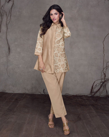 Beige Silk Co-Ord Suit With Thread Work Embroidery