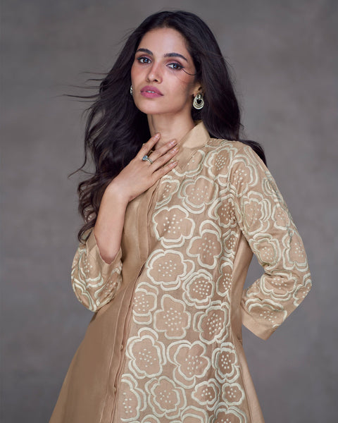 Beige Silk Co-Ord Suit With Thread Work Embroidery
