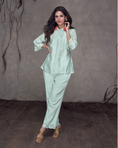 Sky Blue Silk Co-Ord Suit With Thread Work Embroidery