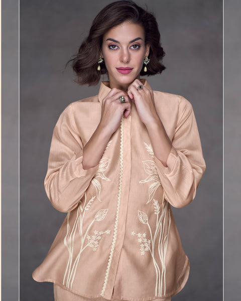 Peach Silk Co-Ord Suit With Thread Work Embroidery
