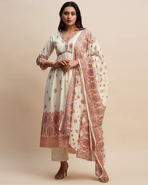 Pure Cotton Floral Print White & Peach Anarkali Kurta With Pant & Mulmul Dupatta