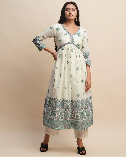 Pure Cotton Floral Print White & Blue Anarkali Kurta With Pant & Mulmul Dupatta