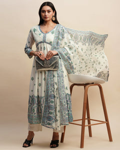 Pure Cotton Floral Print White & Blue Anarkali Kurta With Pant & Mulmul Dupatta
