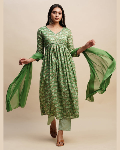 Pure Cotton Floral Print Green Anarkali Kurta With Pant & Mulmul Dupatta