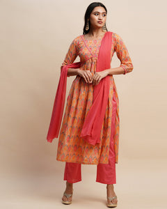Pure Cotton Floral Print Orange And Pink Anarkali Kurta With Pant & Mulmul Dupatta
