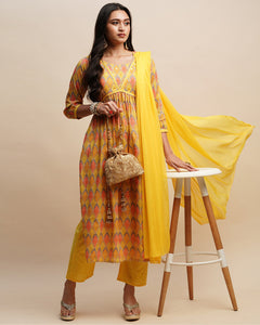 Pure Cotton Floral Print Yellow Anarkali Kurta With Pant & Mulmul Dupatta