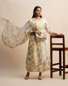 Pure Cotton Floral Print White & Yellow Anarkali Kurta With Pant & Mulmul Dupatta