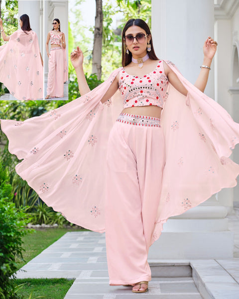 Pink Crop Top Mirror Work Georgette Palazzo Suit With Koti