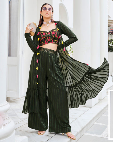 Olive Green Crop Top Mirror Work Georgette Palazzo Suit With Koti