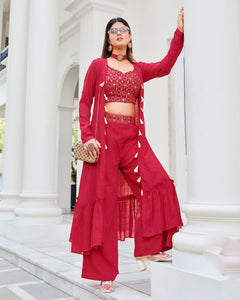 Red Crop Top Mirror Work Georgette Palazzo Suit With Koti
