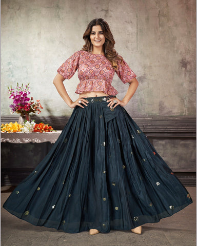 Navy Blue Art Silk Skirt With Dusty Pink Printed Crop Top