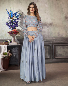 Sky Blue Crop Top With Sequins Work Skirt In Art Silk