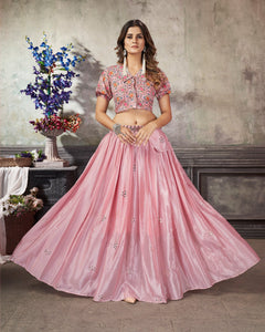 Pink Art Silk Skirt With Sequins Work Printed Crop Top