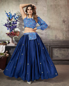 Royal Blue Art Silk Skirt With Orange Sequins Work Crop Top