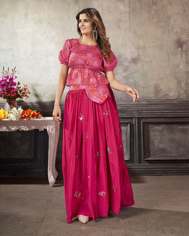 Deep Pink Art Silk Skirt With Sequins Printed Crop Top