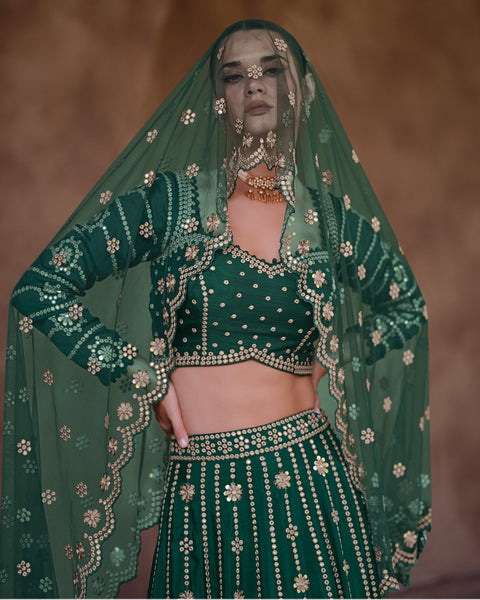 Green Mirror Work Chinnon Silk Fabric Lehenga Choli With Net Embroidered Dupatta